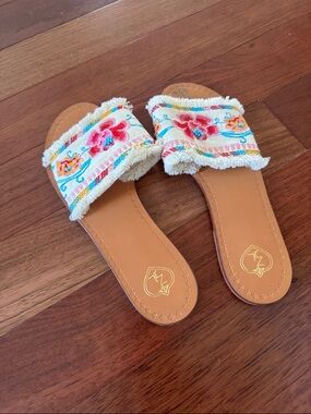 Embroidered Fringed Slide Sandals - Tan with Multicolor Floral